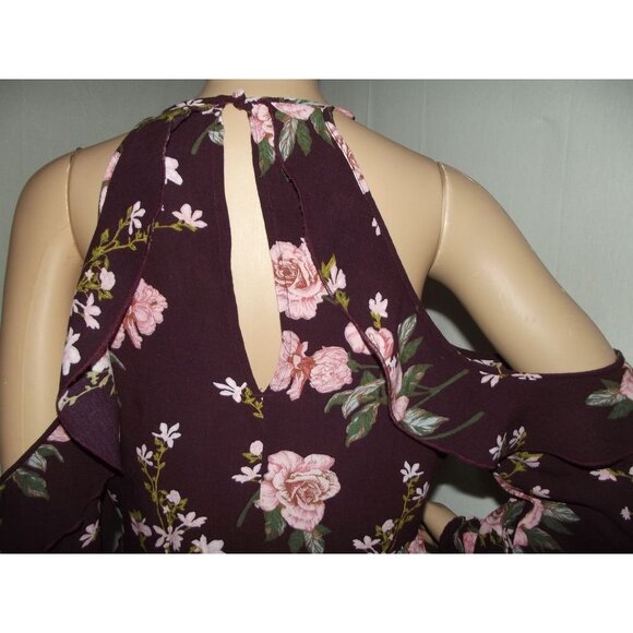 American Eagle Blouse Small Burgundy Wine Pink Floral off cold shoulder v-neck - Picture 10 of 14